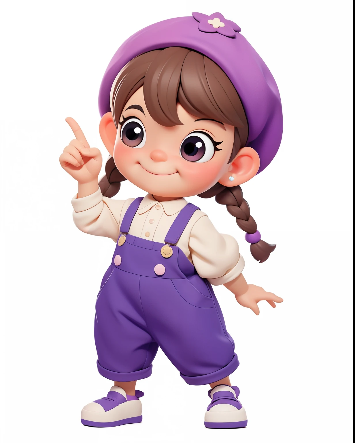 whole body、《Q version girl》、Embody the image of blueberry purple in clothing、Blueberry Big Hat、Blueberry hat、Blueberry Hat、Purple fittings、Super happy、Smile、Lively and cute girl、cute shoes、(dwarf:1.2)、index finger、Brown eyes、Long eyelashes、big eyes、Delicate and bright eyes、braid、big ear、Clear finger details、The fingers are clearly defined、Hand super detail、Overalls、Blind Box Toys、Pixar style、give him a smile、Put a sweet smile on his face、3D Rendering、