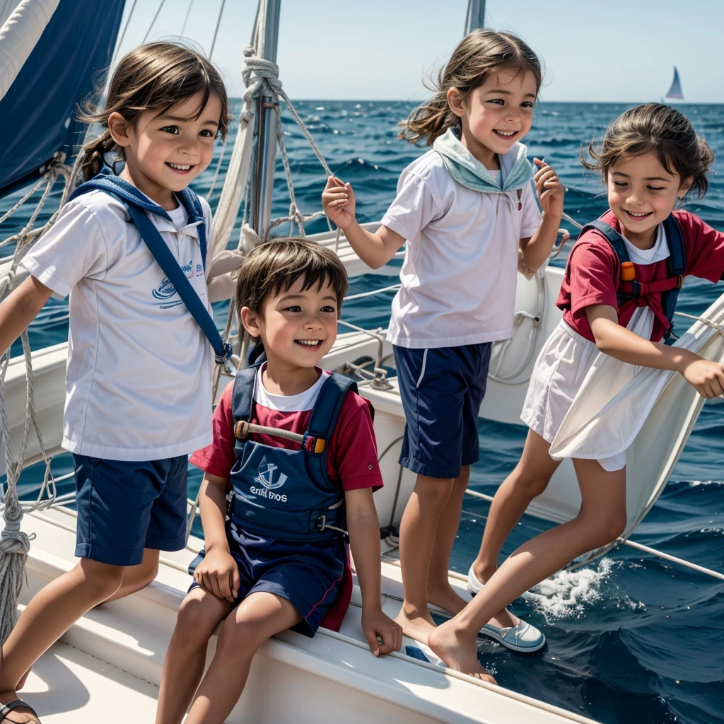 Children on a sailing boat, on the high seas, happy children, you can glimpse the sailing and the sea with the kids intent on working on the sailing boat