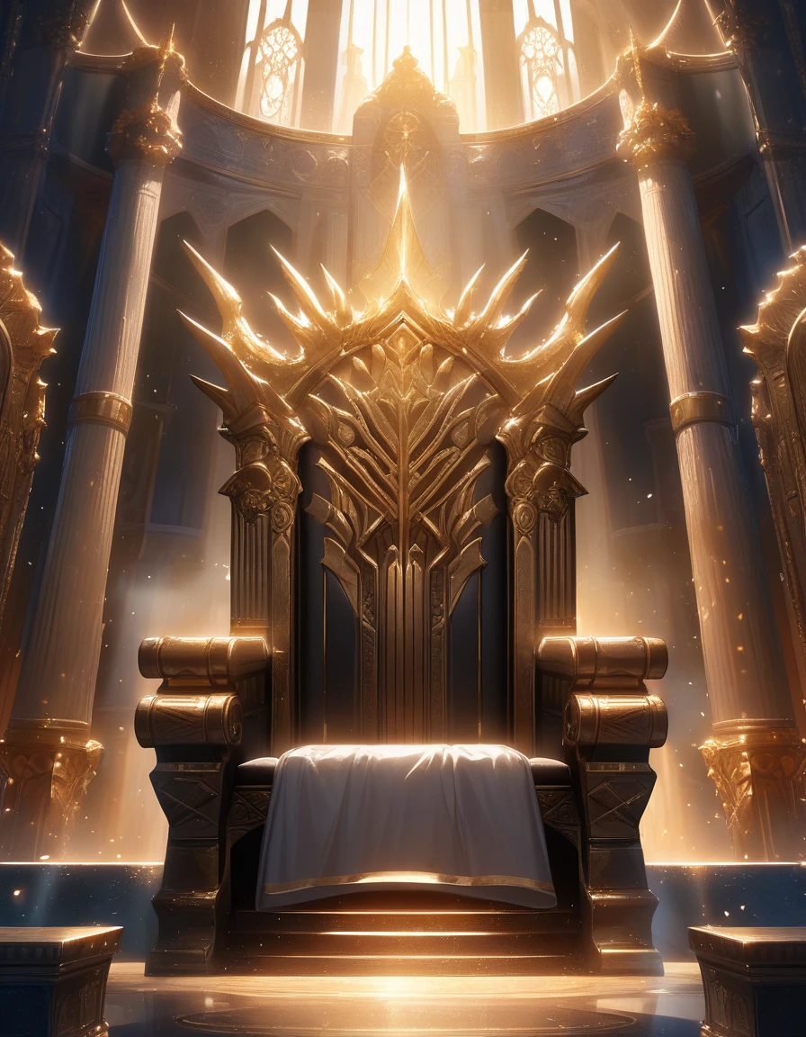 medium shot, white KING chair, God's seat, vacant throne, ornate and grand, intricately carved with gold accents, heaven throne, judgement seat of God, throne, high resolution, realistically rendered, HDR lighting, majestic aura, clean lines, sharp focus, empty, waiting, throne room, castle, dust particles softly visible in sunlight, ultra-detailed textures, vivid colors, bokeh effect on background, no-one sitting