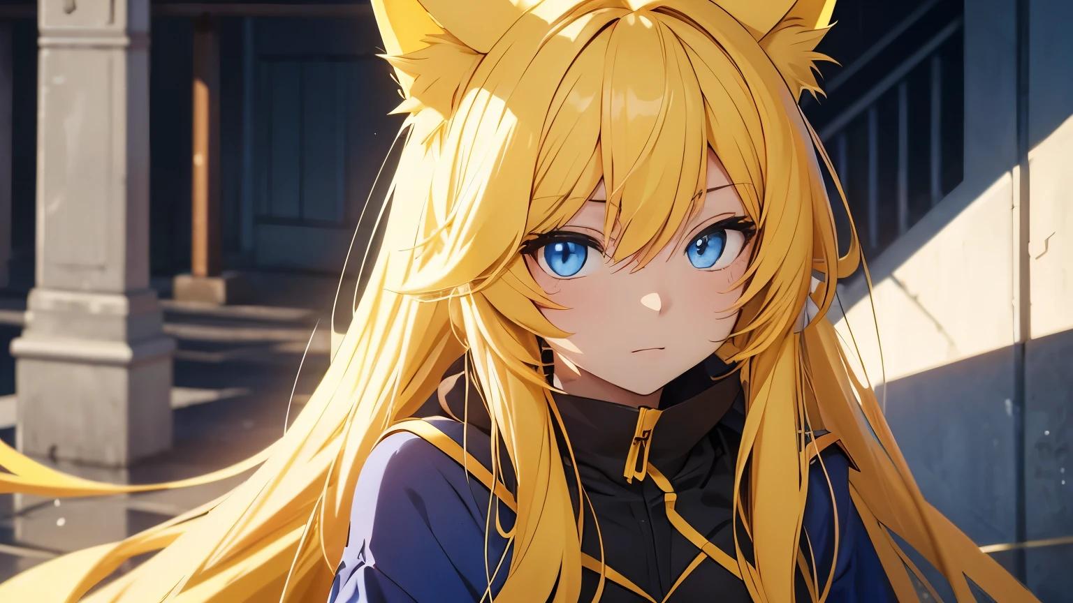 Anime cat girl with yellow ears, long yellow hair, blue eyes is staring.
