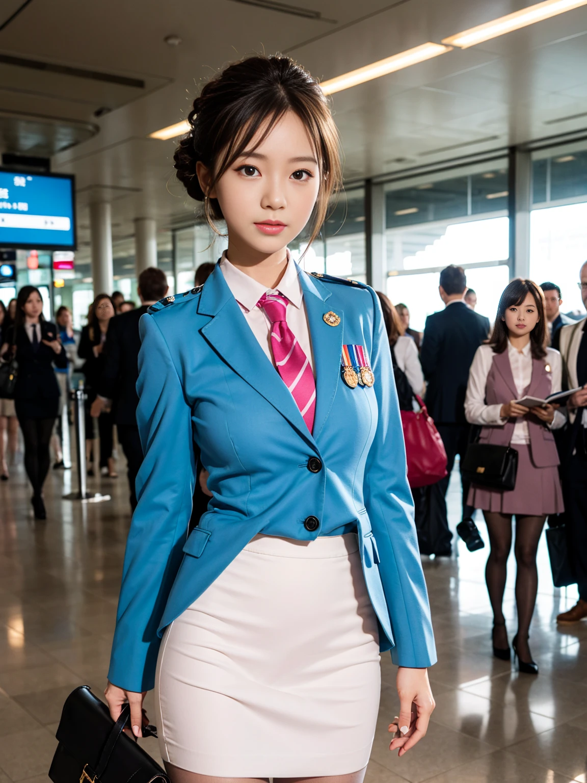 The whole body is visible{{Mature Solo Woman, White people}}, View your viewers, Hazel Eyes, Very detailed, Medium chest, Brown Hair, airport, flight attendant, uniform, Pink Blazer, Light blue ribbon tie, Pink Skirt, Midi Skirt, Pencil skirt matte black pantyhose、,Pink High Heels, Happy, 最high quality, high quality, Very detailed anime screencap, {{{{Crowded, One girl, Matching outfits, Updo Hairstyle、Full body portrait
