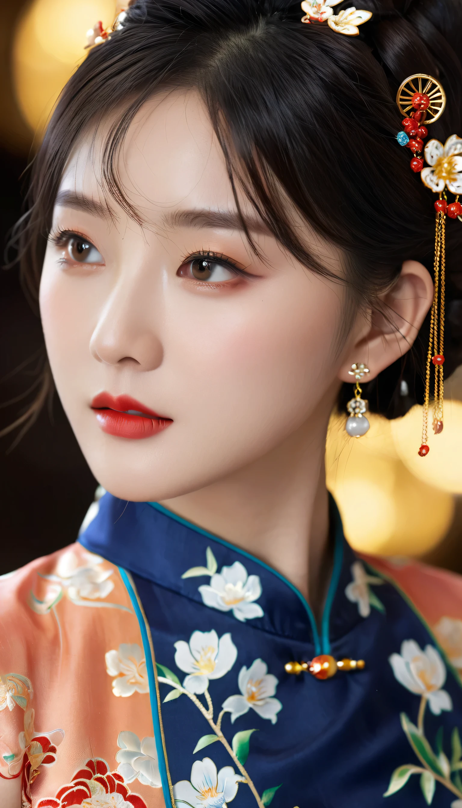 best quality, masterpiece, high resolution, 1 Girl,cheongsam,Hair accessories,necklace, Jewelry,Pretty Face,Above_Body, Tyndall effect,Reality, Dark Studio, Rim Light, Two-tone lighting,(High Detail Skin:1.2), 8K uhd, Digital SLR Camera, Soft lighting, high quality, Volumetric Lighting, frank, photo, high resolution, 4K, 8K, Bokeh