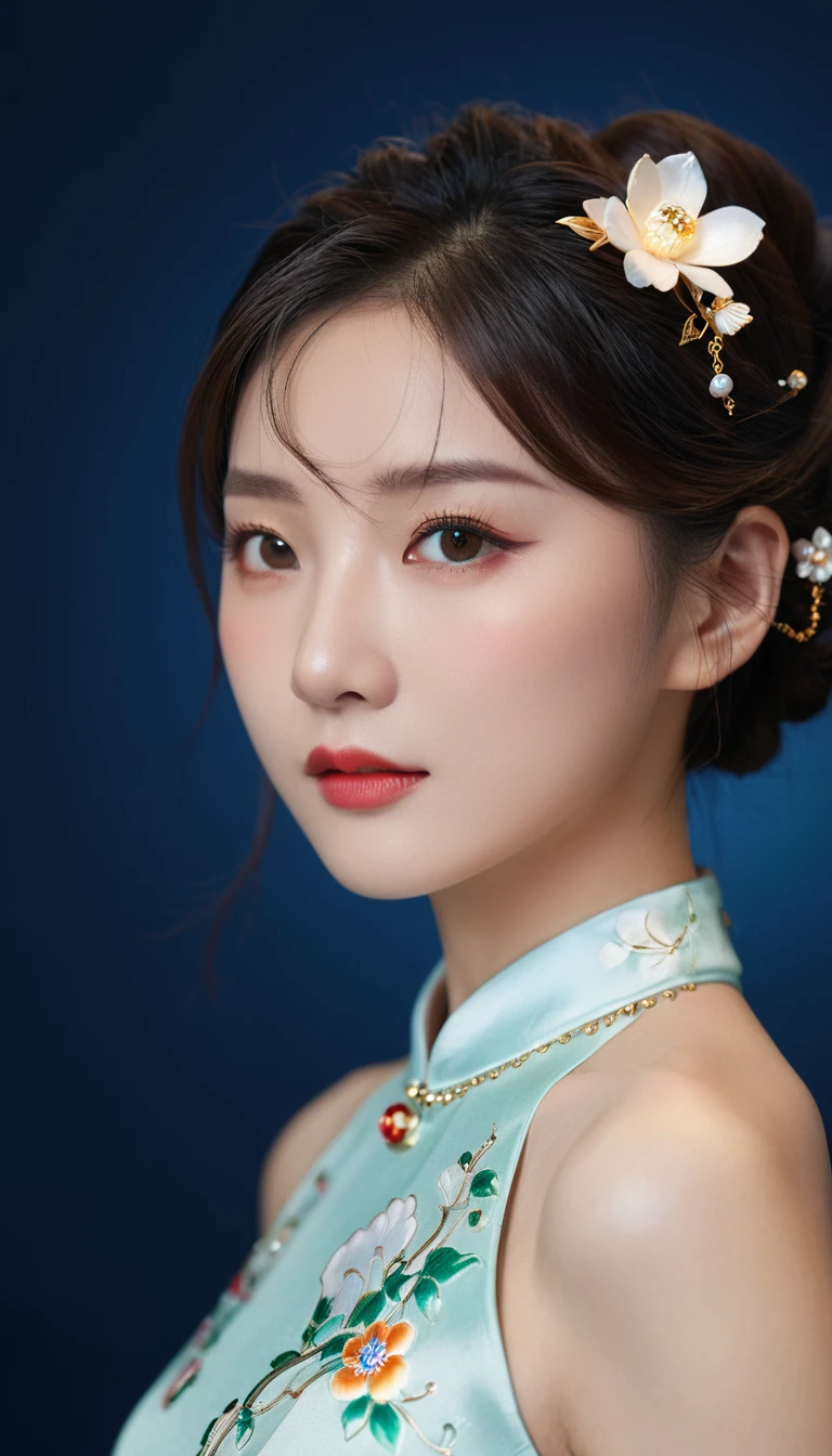 best quality, masterpiece, high resolution, 1 Girl,cheongsam,Hair accessories,necklace, Jewelry,Pretty Face,Above_Body, Tyndall effect,Reality, Dark Studio, Rim Light, Two-tone lighting,(High Detail Skin:1.2), 8K uhd, Digital SLR Camera, Soft lighting, high quality, Volumetric Lighting, frank, photo, high resolution, 4K, 8K, Bokeh