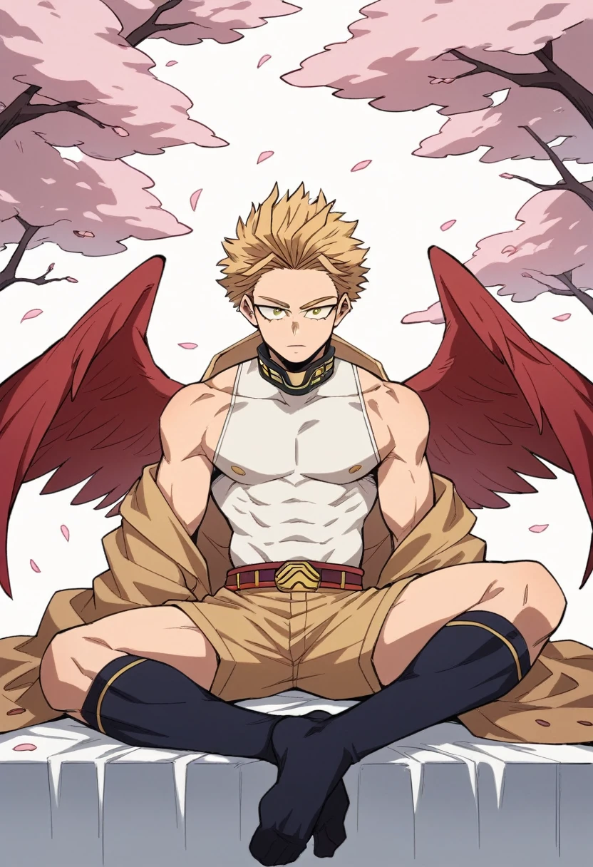 only, boy blonde hair slicked back, some front strands, gold eyes , white sleeveless long collar short shirt dress, dark fluffy hooded jacket falling off your shoulders, light brown shorts, long dark thigh high stockings, red wings on his back, sitting on his knees on a blanket, with cherry blossoms, Boku no hero academia, Hawks 