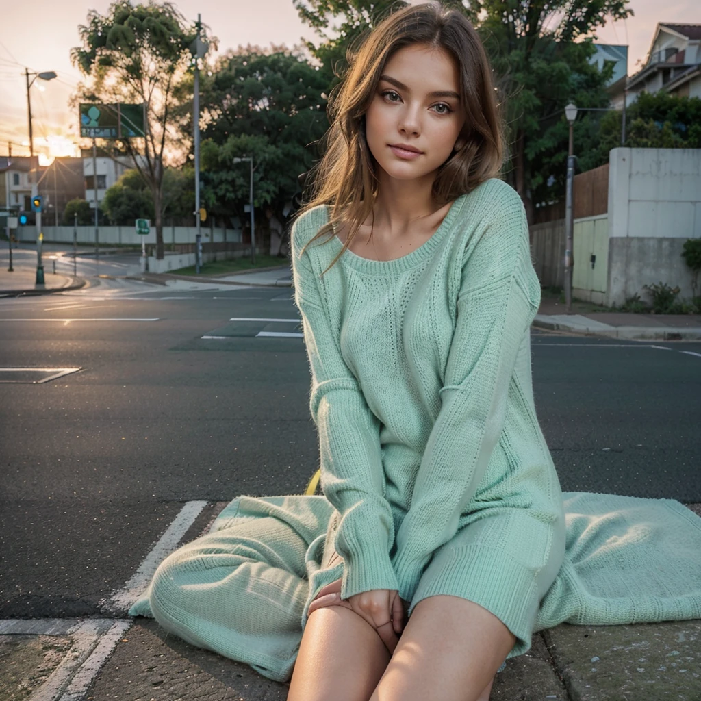 Female supermodel. Cute, adorable, smirking. Pastel green sweater. Sitting in the middle of road. Dim, soft lighting. Sunset.