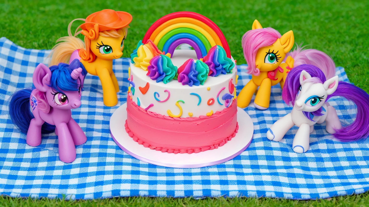 on the grass, on a pink checkered tablecloth. there is a white plate with cake, white and pink cream cake, Rainbow confectionery powder on the cake, top rainbow gradient cream, polymer clay rainbow, рядом стоят пластиковые pony toys из мультфильма My Little Pony, pony toys, purple pony with wing and horn, orange pony with hat and yellow hair, yellow pony with pink hair and wing, white pony with purple hair and horn.  beautiful light, sunlight, sunny day, beautiful lighting, bright announcement, several light sources, Realistic style, realistic textures, high quality, high detail, detailed texture, ultra 4k hd