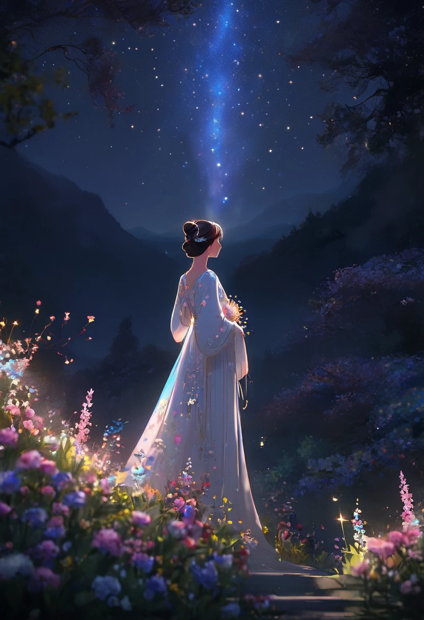 (((zoom out))),8k,((Highest quality)),((high-res)),((shot from behind)),night,She stands in a sanctuary in nature,flowers,outside,thank you!