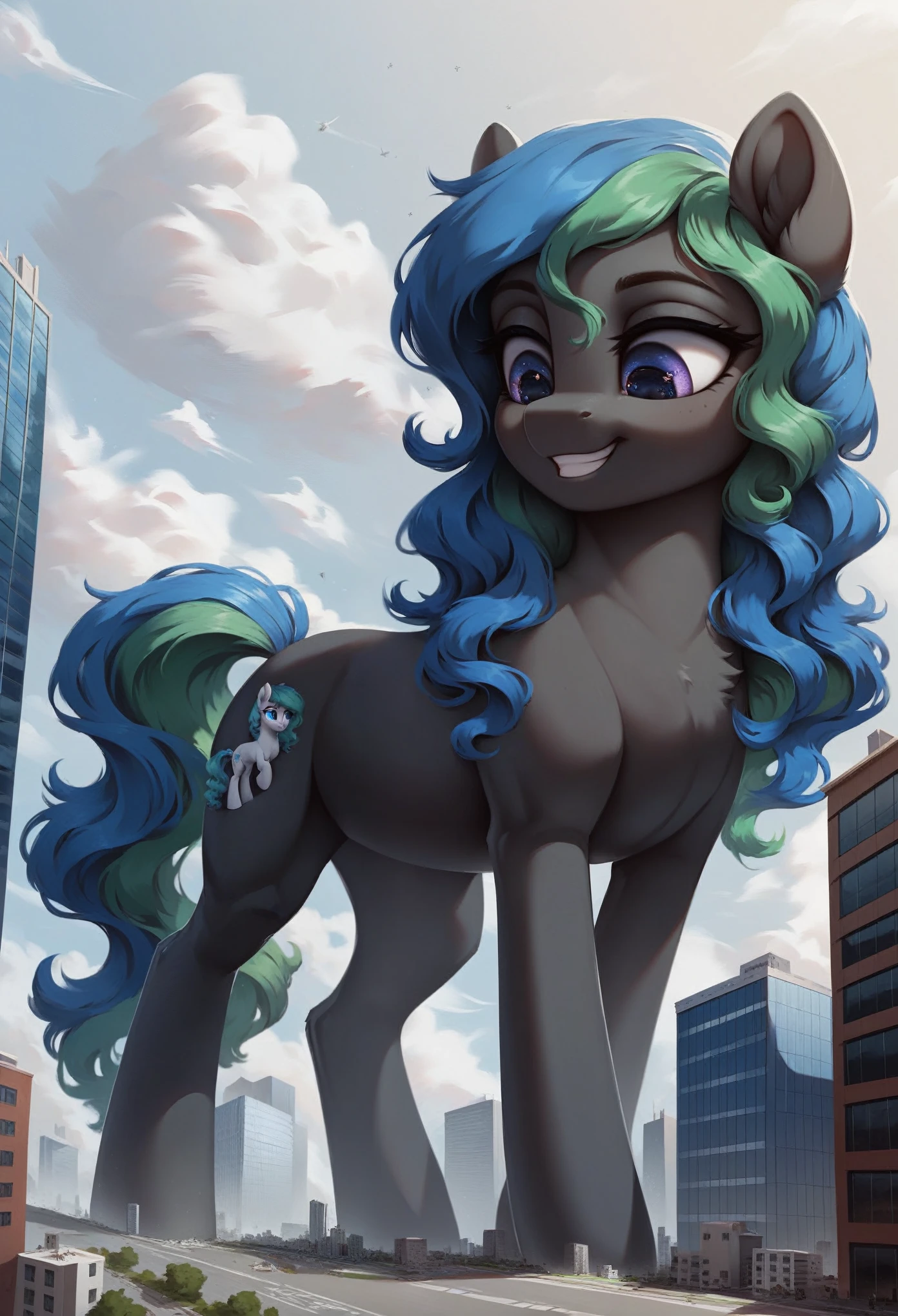 score_9, score_8_up, score_7_up, 2girls, 2female, 1 girl, 1 girl, duo, twice, giantess, macro, giant pony, (character1: white body, blue hair, wavy hair, purple eyes), (character2: black body, green hair, straight hair, blue eyes), (leaning on building), anatomically correct, feral anatomy, good anatomy, depth of field, muted colors, extremely high quality RAW photograph, earth pony, semi-anthro, female, ponified, fluff chest, (walking through the city, a eye level shot, close-up, focus), (background: among buildings, narrow streets, as tall as buildings), 