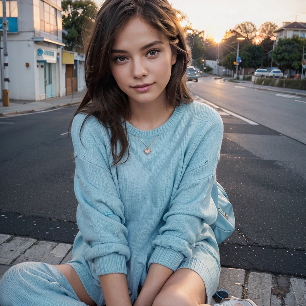 Female supermodel. Cute, adorable, smirking. Pastel blue sweater. Sitting in the middle of road. Dim, soft lighting. Sunset.