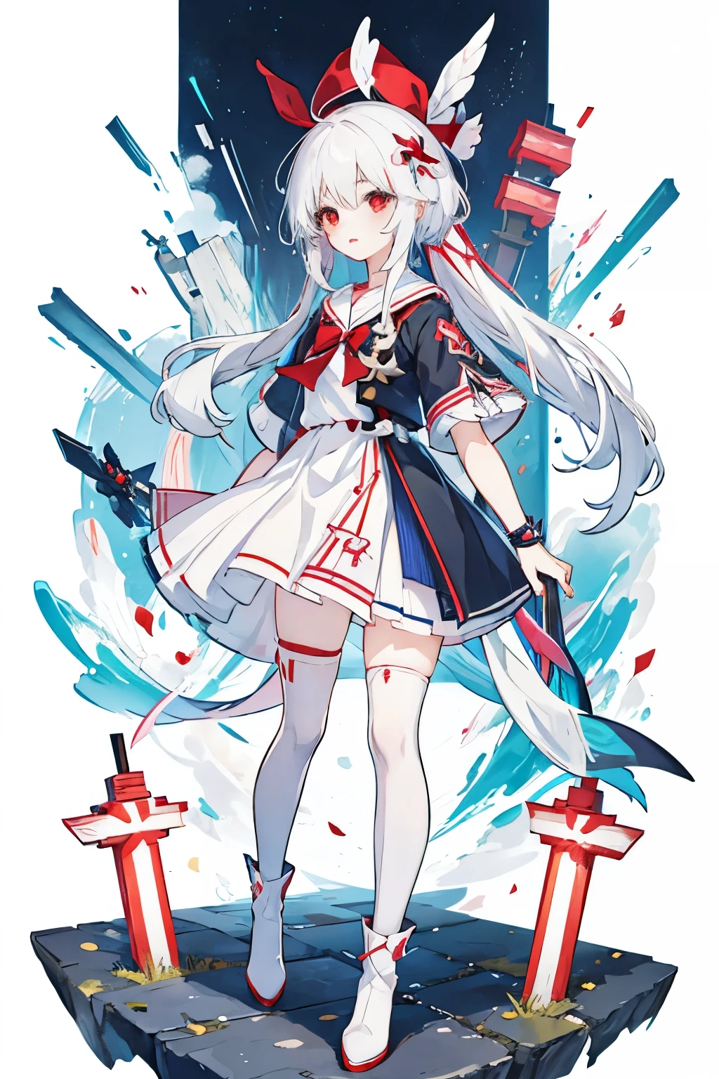アニメの女の子 with white hair and red bow sitting on the ground, Sailor dress, Cute girl anime visuals, young anime girl, pretty anime girl, White Hair Girl, White background、Full-body portrait、Black boots、Red Eyes、Marine color dress、Knee-high socks、whiteback、Standing girl,Stand Up、Standing girl