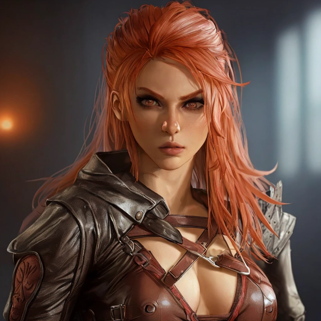 Make a hot female barbarian character, with attractive and discreet leather clothing