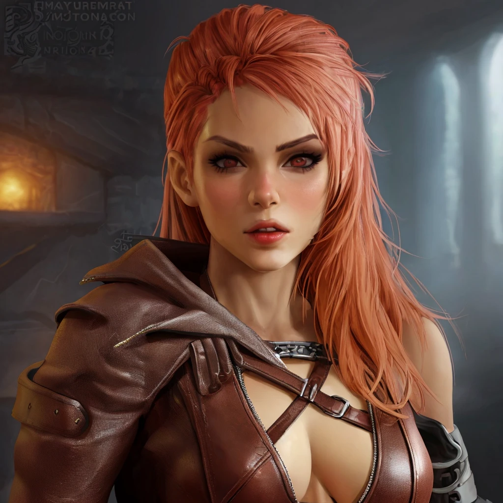 A red-haired naked female gladiator, with dark brown nipples, dressed only with a loincloth, mid shot looking at the camera in the arena