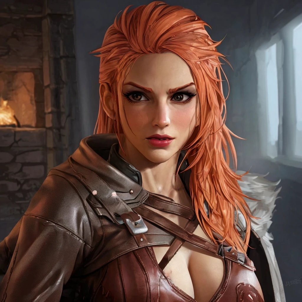 Make a hot female barbarian character, with attractive and discreet leather clothing 