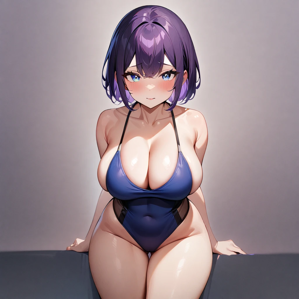 nsfw,1girl,short hair,bare,dark purple hair,purple hair,light blue eyes,Two-tone hair,Thighs,Two-tone eyes,big breast,blue one-piece,Cleavage,sideboob,straight-on,masterpiece,best quality,very aesthetic,absurdres,