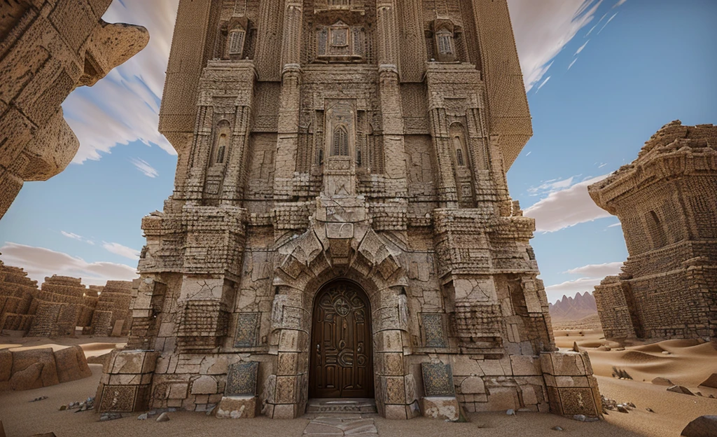 (masterpiece), best quality, there is a very large tower made of rocks in the desert, desert temple, high quality art, deep mandelbulb landscape, the place in desert, there is a very tall tower with a door in the middle of it, very detailed texture, super detailed picture, tall door, high detail texture, entrance to an ancient dungeon, perfectly tileable, high texture detail, super detailed render, hd detailed texture