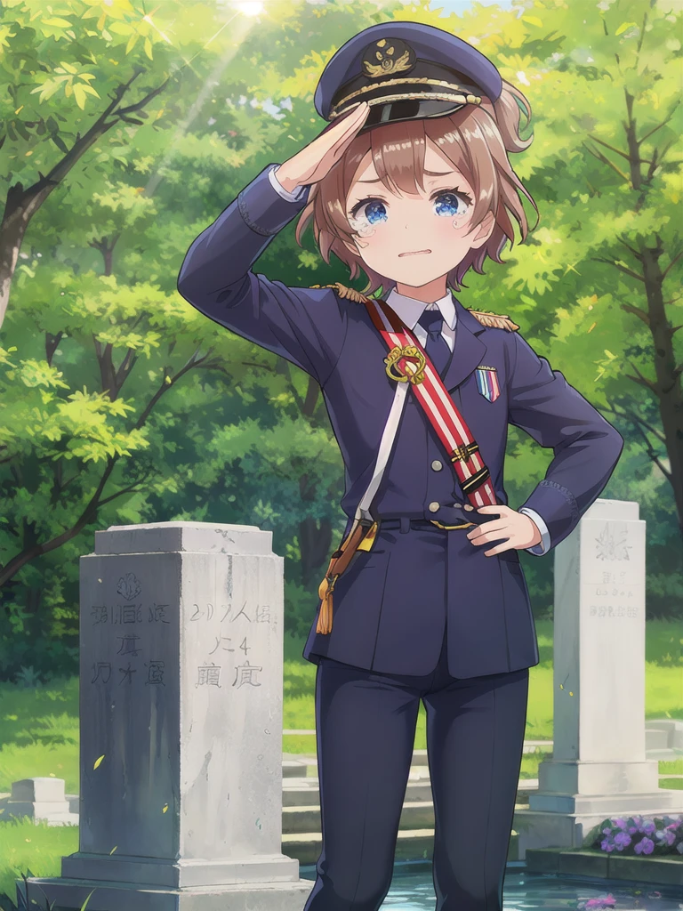 Highest quality,masterpiece,12 years old,serious,(Close your mouth),blue eyes,Outdoor,Grave,Graveの前,Are standing,Lens flare,Flower storm,Upper Body, 顔 focus,Brown Hair, short hair, Navy uniform,, (Raise your left hand,45 degree salute,Be careful with your right hand),Navy uniform cap,tears