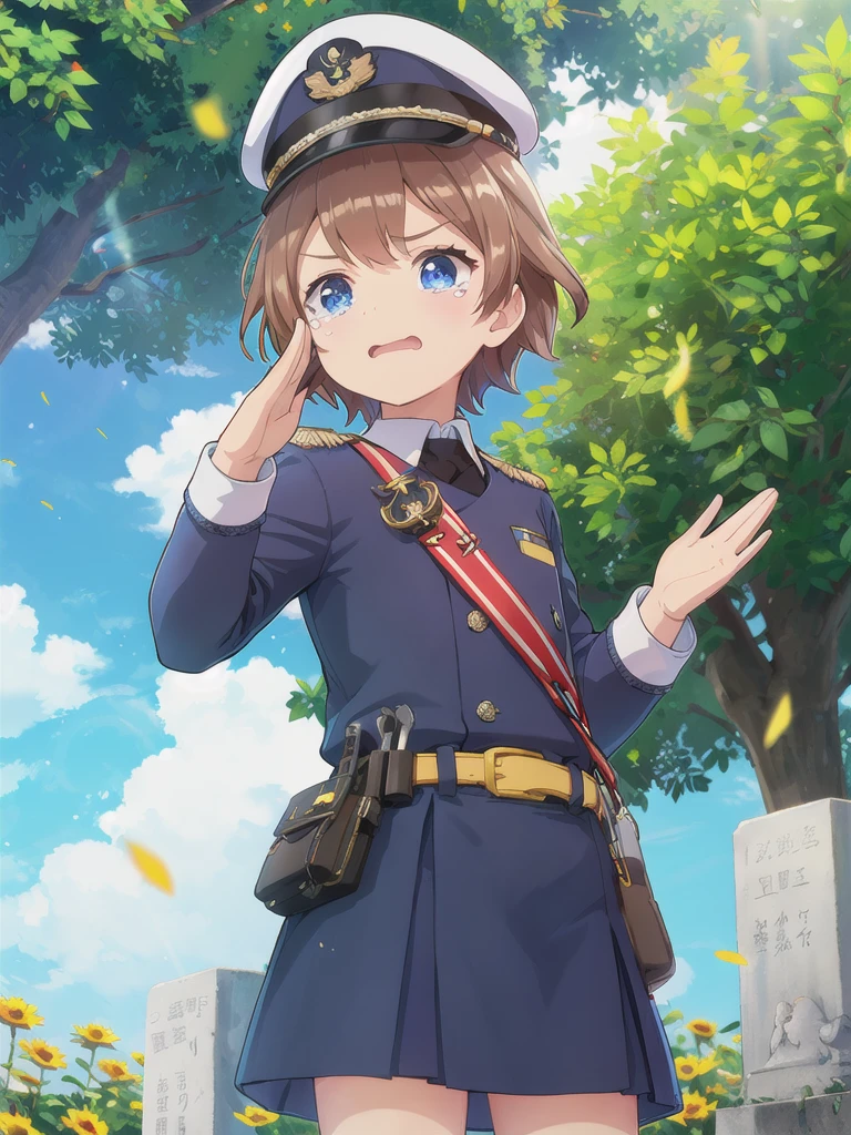 Highest quality,masterpiece,************,serious,(Close your mouth),blue eyes,Outdoor,Grave,Graveの前,Are standing,Lens flare,Flower storm,Upper Body, 顔 focus,Brown Hair, short hair, Navy uniform,, (Raise your left hand,45 degree salute,Be careful with your right hand),Navy uniform cap,tears 