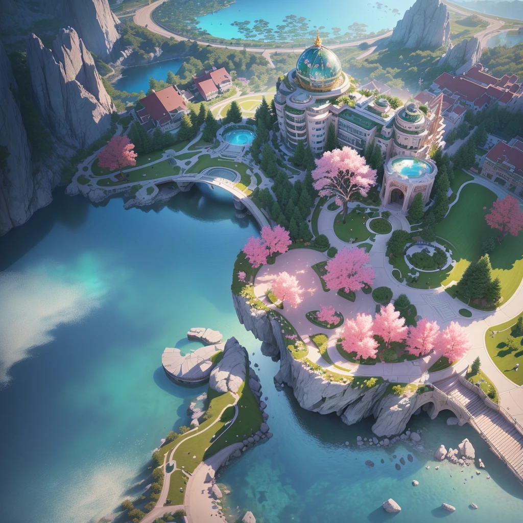 A modern park,There is a circle of rocks around,There is green grass on it,And pink fantasy grass,There is a clear lake in the center,Modern style building,Surrounded by fantasy-style trees and plants。Realistic style,masterpiece, best quality, (Extremely detailed CG unity 8k wallpaper), (best quality), (The best shadow), Realistic lighting, (abyss), Beautiful and delicate light