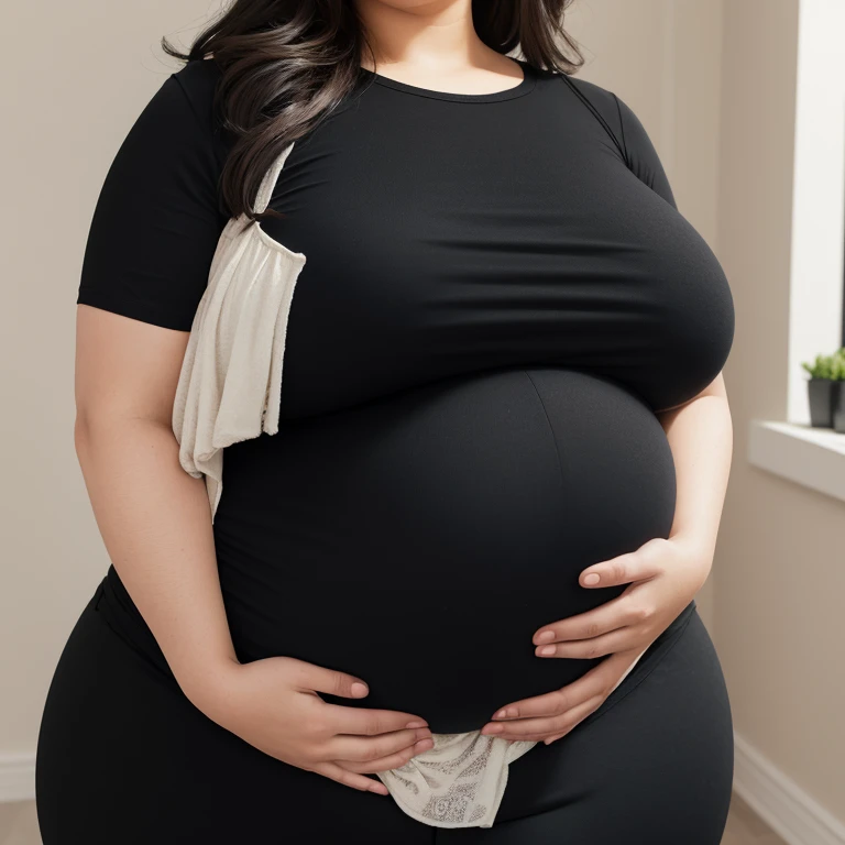 pregnant woman in black top and black pants reaching out, large round belly, thick and round belly, chubby woman, chubby belly, big belly, folds of abdominal flap, chubby, large belly, curvy woman, pregnant belly, portrait of a chubby woman, a chubby
