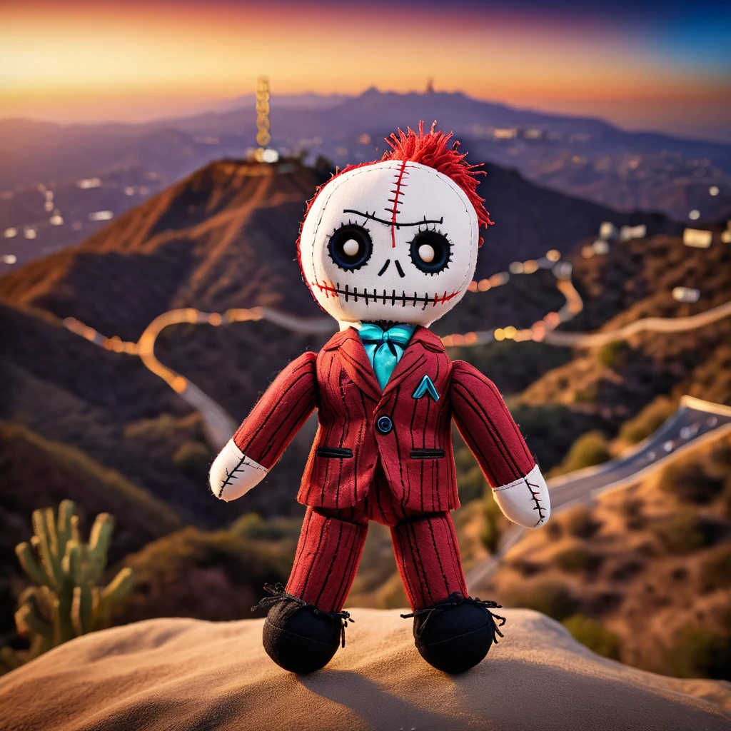 (knitted toy voodoo doll:1.7), (clothes: stylish suit:1.0), (background: iconic Hollywood sign inscription on the mountain:1.6), best quality, masterpiece, detailed soft oil painting, detailed background, dramatic cinematic lighting, soft edge lighting, professional, dramatic lighting, hard edge lighting, ultra quality, 4k, masterpiece, best quality, 8k, ultra high definition, high resolution, extremely detailed
