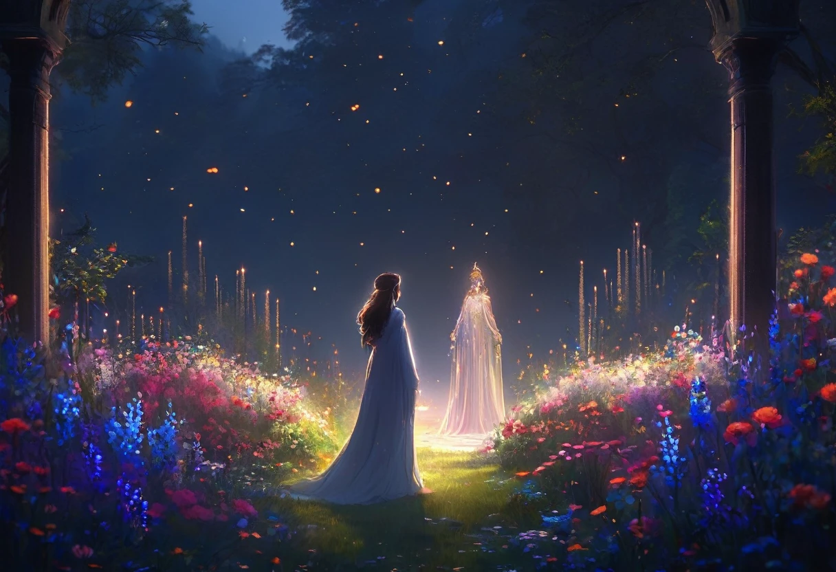 (((zoom out))),8k,((Highest quality)),((high-res)),((shot from behind)),night,She stands in a sanctuary in nature,flowers,outside,thank you!