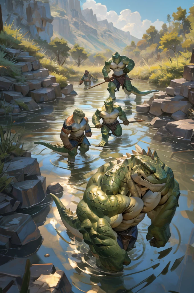 By Taran fiddler, bara, multiple people, lizard, older male, detailed faces, standing, naked, reptile men, a group of anthro reptiles, green scales, erected penises, savages, wearing loinclothes, holding spears, threatening poses, running, attacking, standing in water, lake, dynamic camera angle, focus on faces