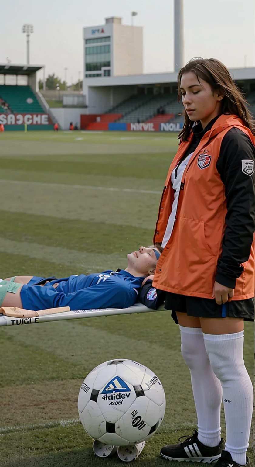 a male soccer player lying injured on a stretcher with his head to the right while being carried to the left by the girl on the photo