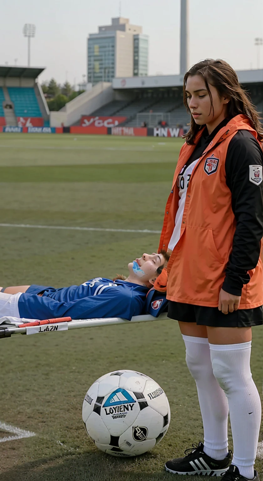 a male soccer player lying injured on a stretcher with his head to the right while being carried to the left by the girl on the photo