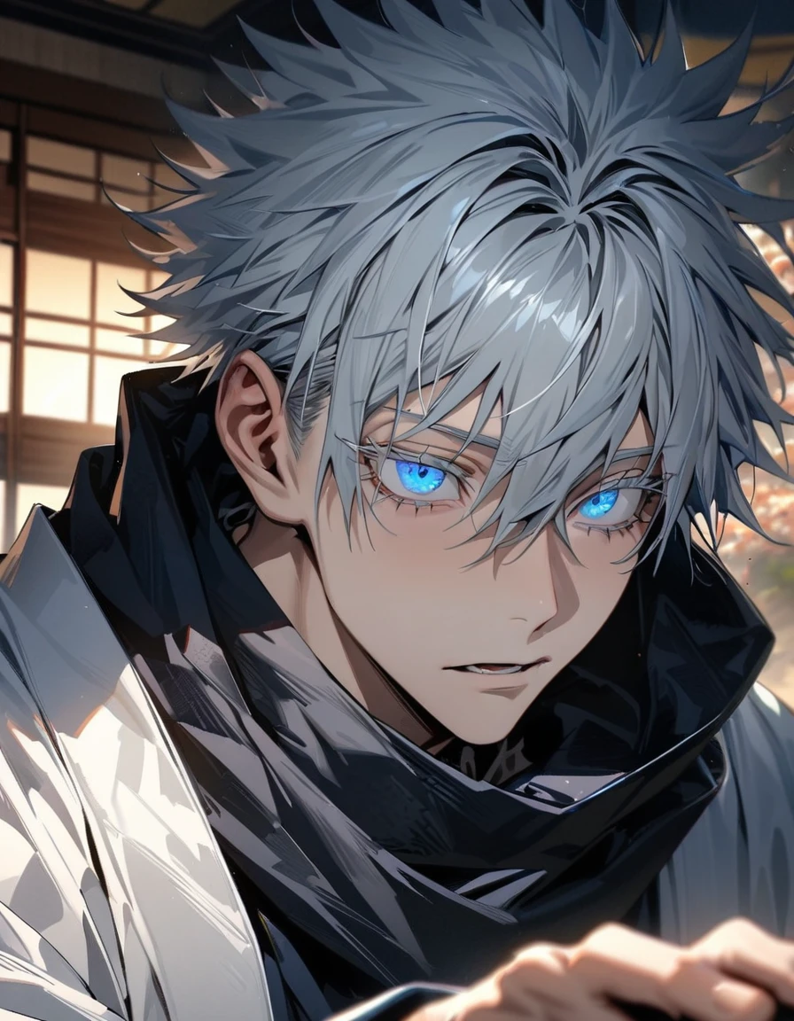 Absurd, High resolution, Super detailed, High resolution, masterpiece, Highest quality, Gojo Satoru, Gray Hair, Hair between the eyes, White eyelashes, Expressive blue eyes, alone, 1 person, good looking, JUJUTSU KAİSEN, white haori, Black kimono, Black scarf, Japanese-style room, Highly detailed face and eyes
