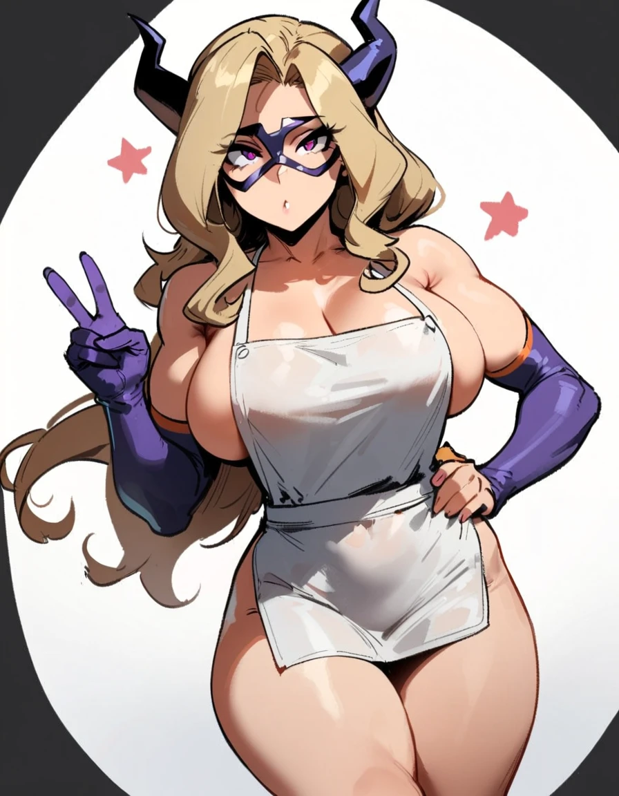 1girl, mount lady, boku no hero academia \\\\\ masterpiece, best quality, very aesthetic, absurdres, newest \\\\\\ sportive body,  \\\\\\  by dodok, nyantcha, cutesexyrobutts, by khyle ///// blonde, purple eyes,   , 24 years old,, wearing only apron, , naked, rating general,,big tits, white background, V, little stars
