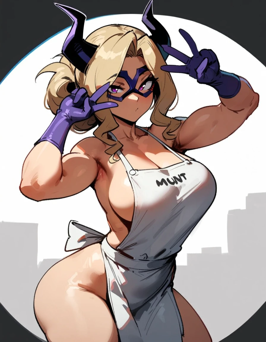 1girl, mount lady, boku no hero academia \\\\\ masterpiece, best quality, very aesthetic, absurdres, newest \\\\\\ sportive body, \\\\\\ by dodok, nyantcha, cutesexyrobutts, by khyle ///// blonde, purple eyes, , 24 years old,, wearing only apron, , naked, rating general,,big tits, white background, V, little stars