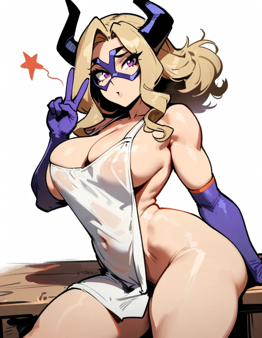 1girl, mount lady, boku no hero academia \\\\\ masterpiece, best quality, very aesthetic, absurdres, newest \\\\\\ sportive body,  \\\\\\  by dodok, nyantcha, cutesexyrobutts, by khyle ///// blonde, purple eyes,   , 24 years old,, wearing only apron, , naked, rating general,,big tits, white background, V, little stars
