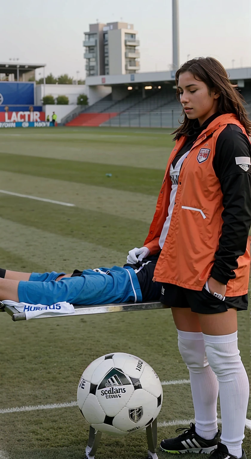 a male soccer player lying injured on a stretcher with his head to the right while being carried to the left by the girl on the photo