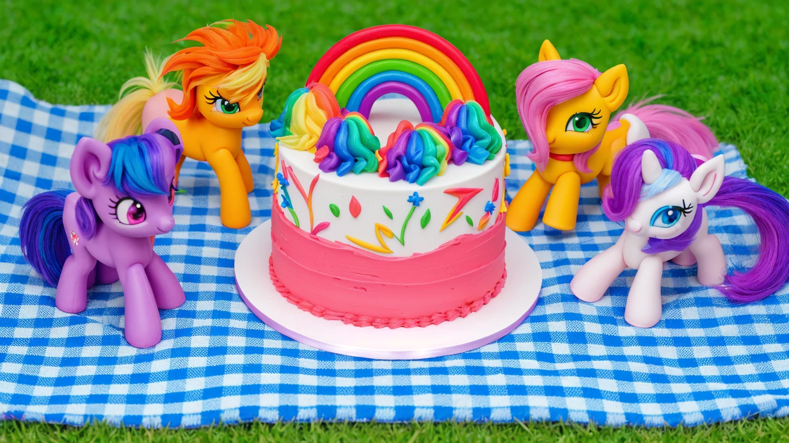 on the grass, on a pink checkered tablecloth. there is a white plate with cake, white and pink cream cake, Rainbow confectionery powder on the cake, top rainbow gradient cream, polymer clay rainbow, рядом стоят пластиковые pony toys из мультфильма My Little Pony, pony toys, purple pony with wing and horn, orange pony with hat and yellow hair, yellow pony with pink hair and wing, white pony with purple hair and horn. beautiful light, sunlight, sunny day, beautiful lighting, bright announcement, several light sources, Realistic style, realistic textures, high quality, high detail, detailed texture, ultra 4k hd