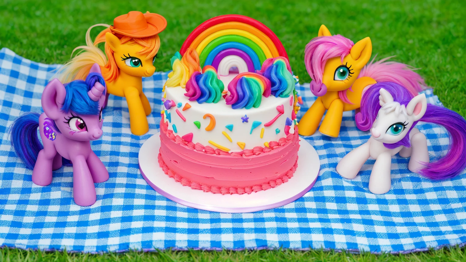 on the grass, on a pink checkered tablecloth. there is a white plate with cake, white and pink cream cake, Rainbow confectionery powder on the cake, top rainbow gradient cream, polymer clay rainbow, рядом стоят пластиковые pony toys из мультфильма My Little Pony, pony toys, purple pony with wing and horn, orange pony with hat and yellow hair, yellow pony with pink hair and wing, white pony with purple hair and horn. beautiful light, sunlight, sunny day, beautiful lighting, bright announcement, several light sources, Realistic style, realistic textures, high quality, high detail, detailed texture, ultra 4k hd
