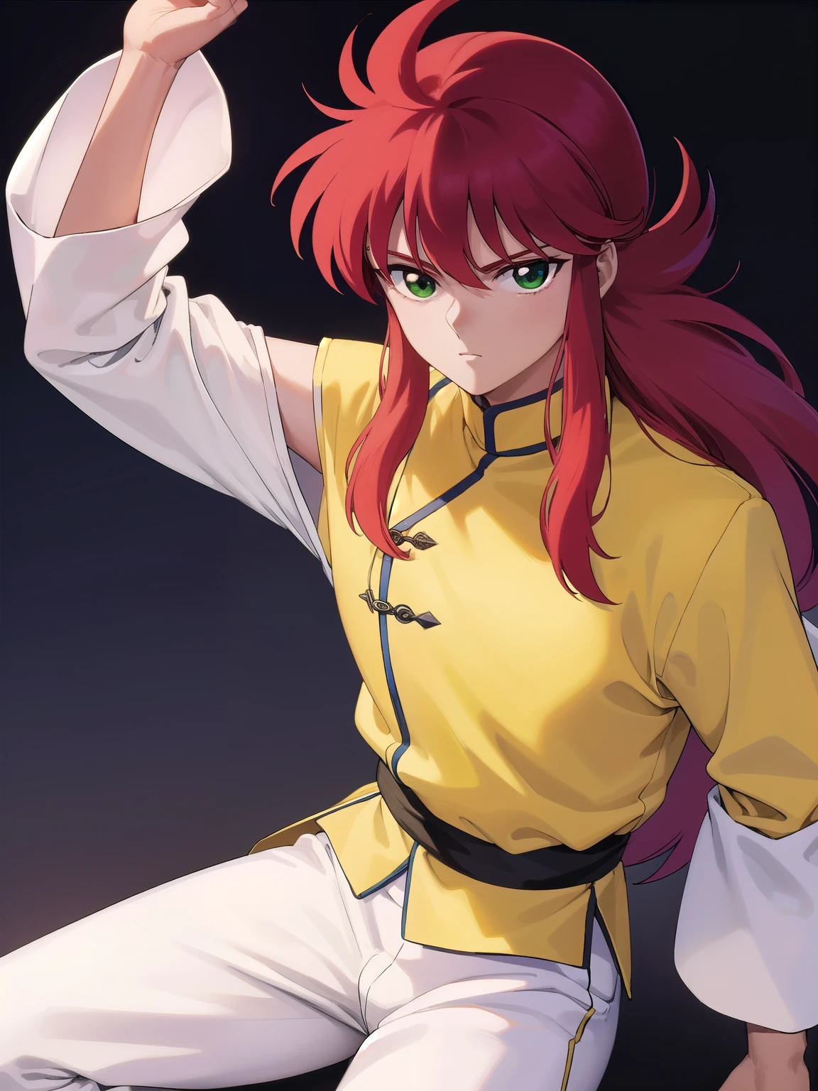 kurama, kurama, long hair, red hair, bangs, (green eyes:1.5), (retro artstyle:1.5), 1990s \(style\),
BREAK long sleeves, pants, chinese clothes, white pants, (yellow shirt:1.5), (white sleeves:1.5), (pelvic curtain:1.2), sash, sleeveless shirt, (((dark sky background)))
BREAK looking at viewer, cowboy shot,
BREAK (masterpiece:1.2), best quality, high resolution, unity 8k wallpaper, (illustration:0.8), (beautiful detailed eyes:1.6), extremely detailed face, perfect lighting, extremely detailed CG, (perfect hands, perfect anatomy),