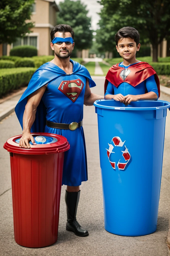 Father and son Super heroes with water cape and recycling bin in 3D