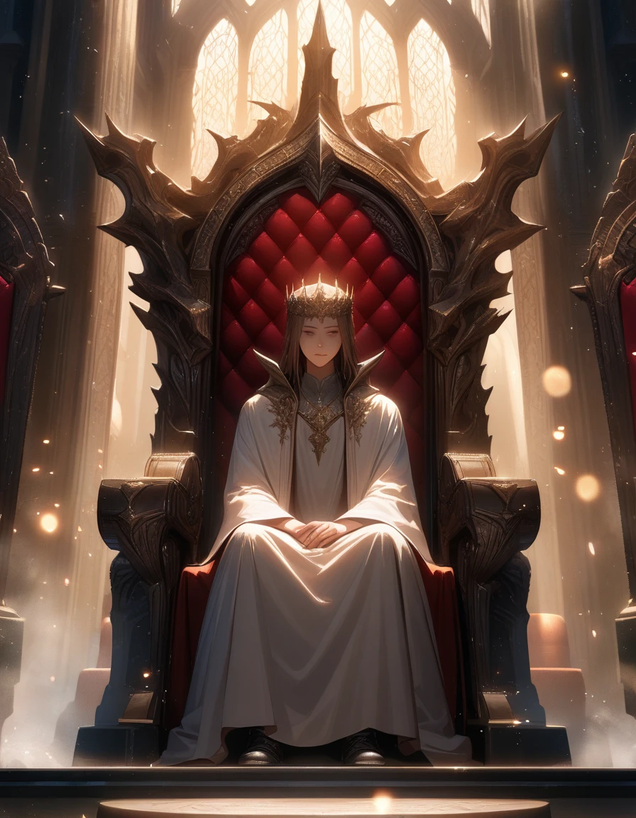 medium shot, white king chair, heavens seat, God's seat, vacant throne, ornate and grand, intricately carved with diamond accents, heaven throne, judgement seat of God, throne, high resolution, realistically rendered, HDR lighting, majestic aura, clean lines, sharp focus, empty, waiting, throne room, castle, dust particles softly visible in sunlight, ultra-detailed textures, vivid colors, bokeh effect on background, no-one sitting