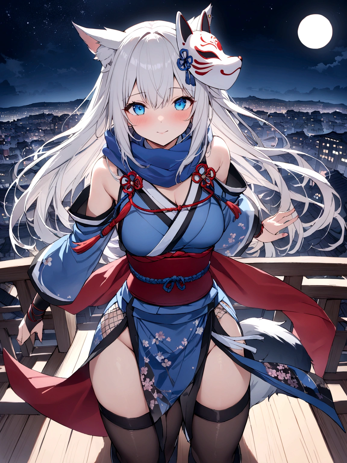 Throwing Shuriken、insert、Asahi、A magnificent view of the city from the treetops、(masterpiece, best quality:1.2), 1girl, 独奏,Wolf girl, fox mask, ninja, girl, long white hair, odd eyes, blue kimono, ninja girl, red and blue scarf,Dancing Cherry Blossoms,Full moon backlighting, light coming in, fantastic atmosphere.night、Shadows of light and darkness、Eyes glowing in the dark、Black fox mask、Fisheye Lens、Expansive starry sky、long hair that spreads、Overlooking the city from atop a large cherry tree、Aside exposure