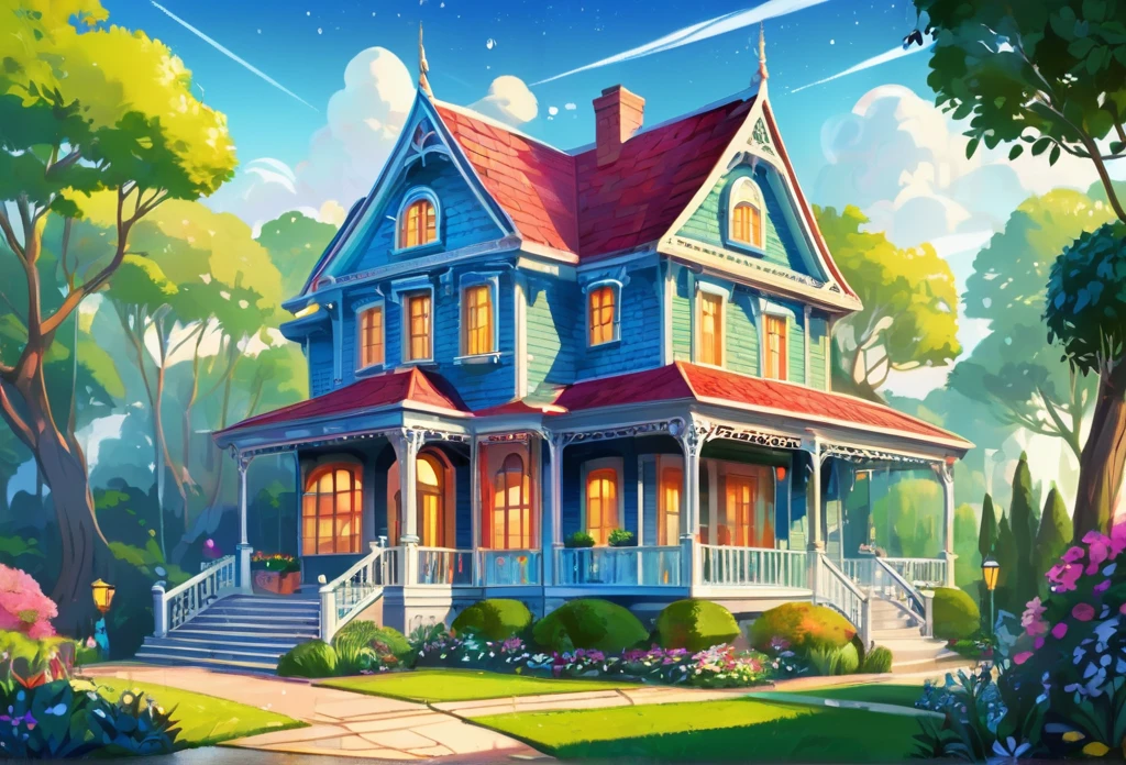 A beautiful house, big, spaceus, modern, (masterpiece best quality:1.2) delicate illustration ultra-detailed, (disney-related event) detailed background, illustrations, bright, colourful,
