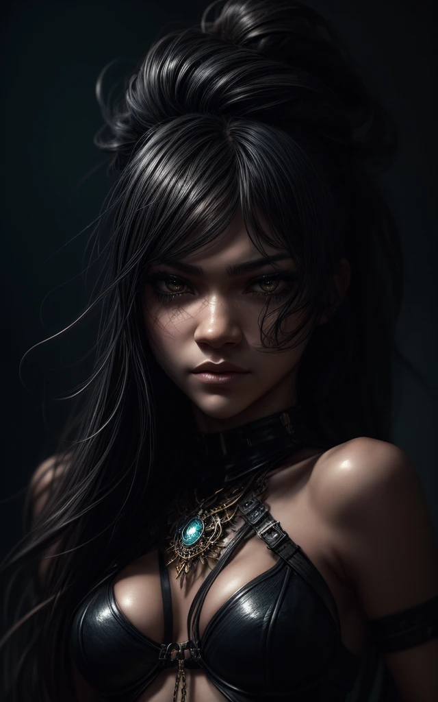 (zendaya), at the the Grand Central Terminal, cinematic, medium shot, whole head in frame, detailed face, detailed eyes, evening, punk aesthetic, ripped panties braces, suspenders, black boots, skull, heart, necklace, chain, bullets, black leather jacket, tattoo sleeve, right arm, intricate design, flowers, yellowed skull, dyed hair, light purple roots, blue ends, rock, chick, messy hair, Full body, Beautiful anime waifu style girl,hyperdetailed painting, luminism, art by Carne Griffiths and Wadim Kashin concept art, dark background, abstract beauty, approaching perfection, pure form, golden ratio, minimalistic, dark atmosphere, unfinished, concept art, by Brian Froud and Carne Griffiths and Wadim Kashin and John William Waterhouse, intricate details, 8k post production, high resolution, hyperdetailed, trending on artstation, sharp focus, studio photo, intricate details, highly detailed, by greg rutkowski