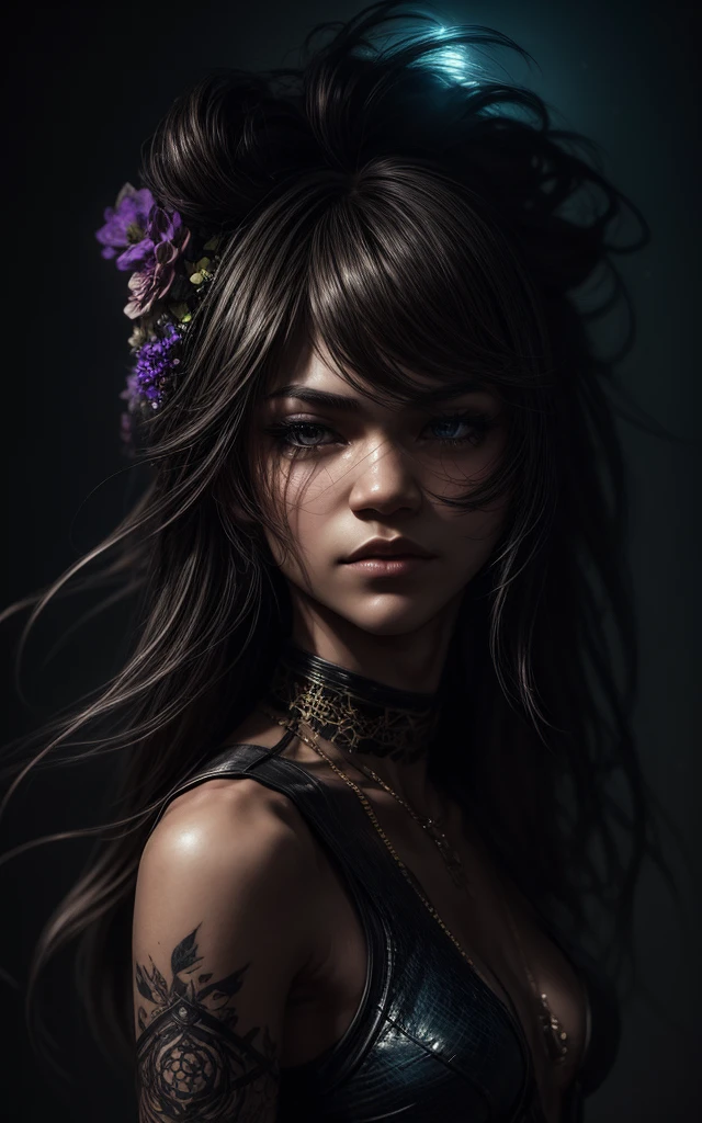 (zendaya), at the the Grand Central Terminal, cinematic, medium shot, whole head in frame, detailed face, detailed eyes, evening, punk aesthetic, ripped panties braces, suspenders, black boots, skull, heart, necklace, chain, bullets, black leather jacket, tattoo sleeve, right arm, intricate design, flowers, yellowed skull, dyed hair, light purple roots, blue ends, rock, chick, messy hair, Full body, Beautiful anime waifu style girl,hyperdetailed painting, luminism, art by Carne Griffiths and Wadim Kashin concept art, dark background, abstract beauty, approaching perfection, pure form, golden ratio, minimalistic, dark atmosphere, unfinished, concept art, by Brian Froud and Carne Griffiths and Wadim Kashin and John William Waterhouse, intricate details, 8k post production, high resolution, hyperdetailed, trending on artstation, sharp focus, studio photo, intricate details, highly detailed, by greg rutkowski