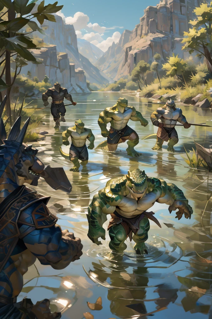 By Taran fiddler, bara, multiple people, lizard, older male, detailed faces, standing, naked, reptile men, a group of anthro reptiles, green scales, erected penises, savages, wearing loinclothes, holding spears, threatening poses, running, attacking, standing in water, lake, dynamic camera angle, focus on faces
