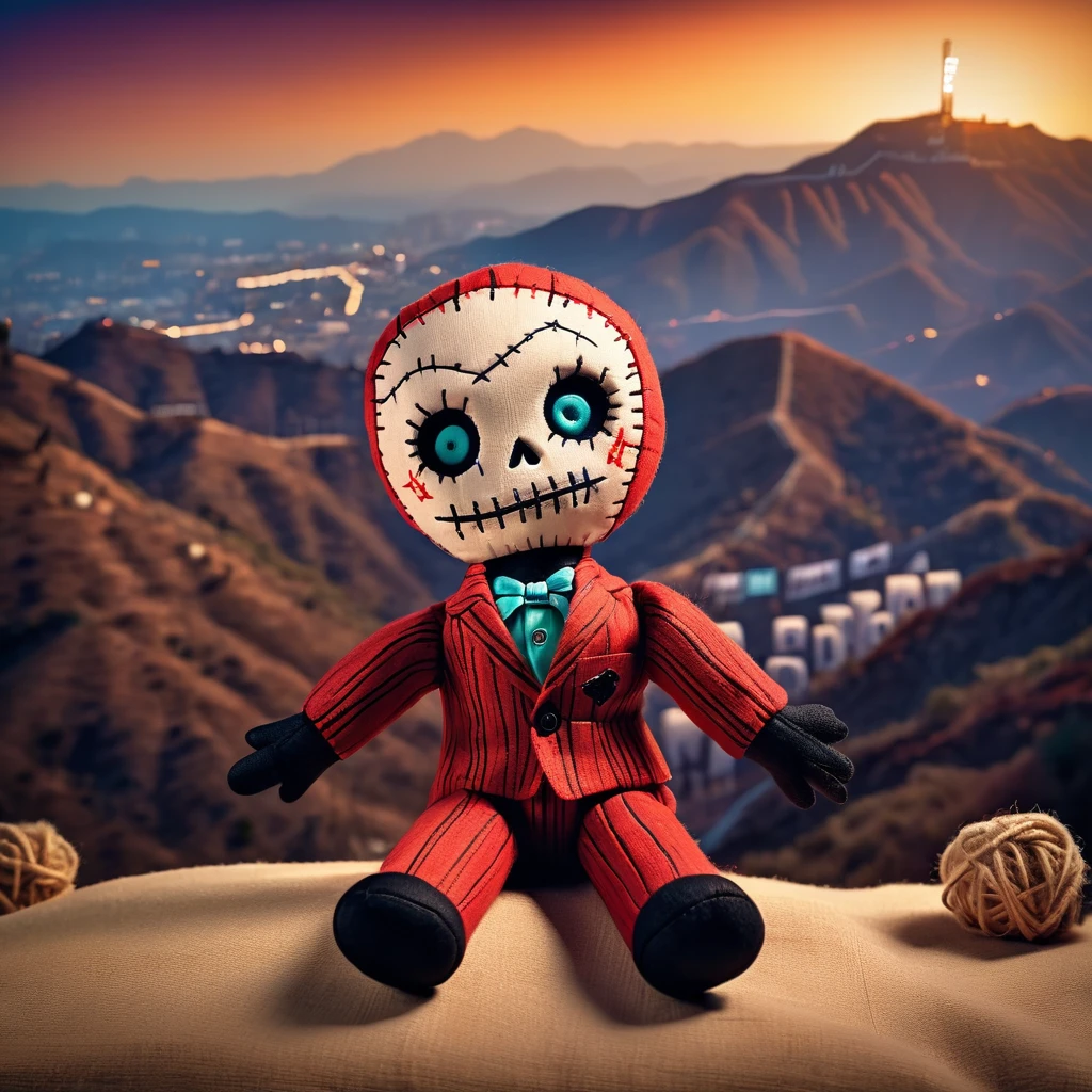 (knitted toy voodoo doll:1.7), (clothes: stylish suit:1.0), (background: iconic Hollywood sign inscription on the mountain:1.6), best quality, masterpiece, detailed soft oil painting, detailed background, dramatic cinematic lighting, soft edge lighting, professional, dramatic lighting, hard edge lighting, ultra quality, 4k, masterpiece, best quality, 8k, ultra high definition, high resolution, extremely detailed
