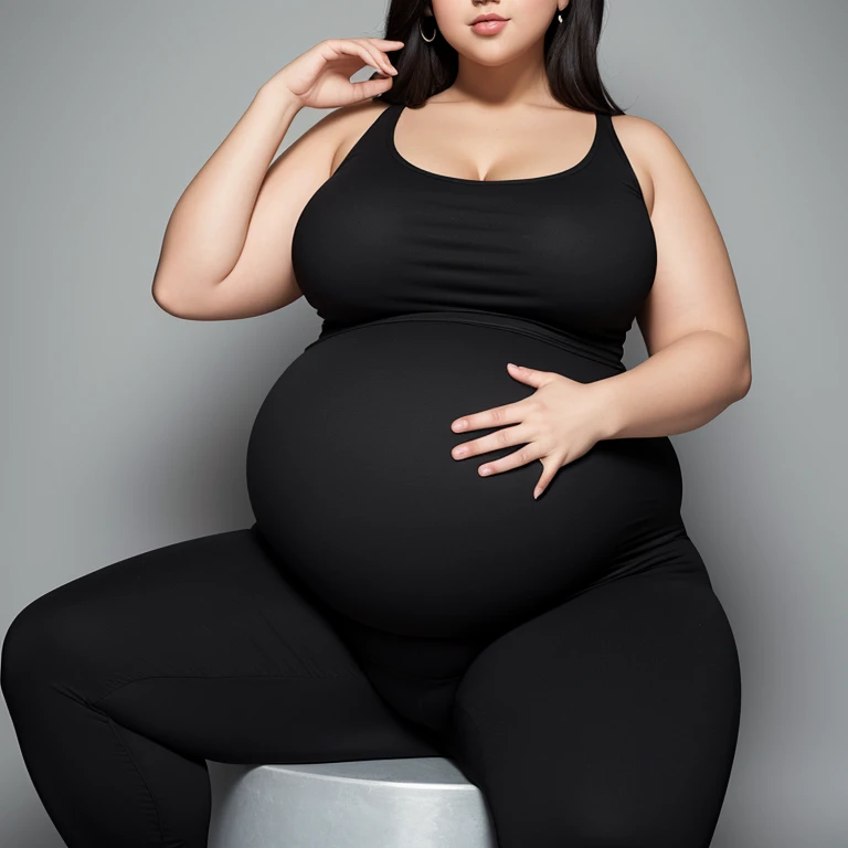 pregnant woman in black top and black pants reaching out, large round belly, thick and round belly, chubby woman, chubby belly, big belly, folds of abdominal flap, chubby, large belly, curvy woman, pregnant belly, portrait of a chubby woman, a chubby