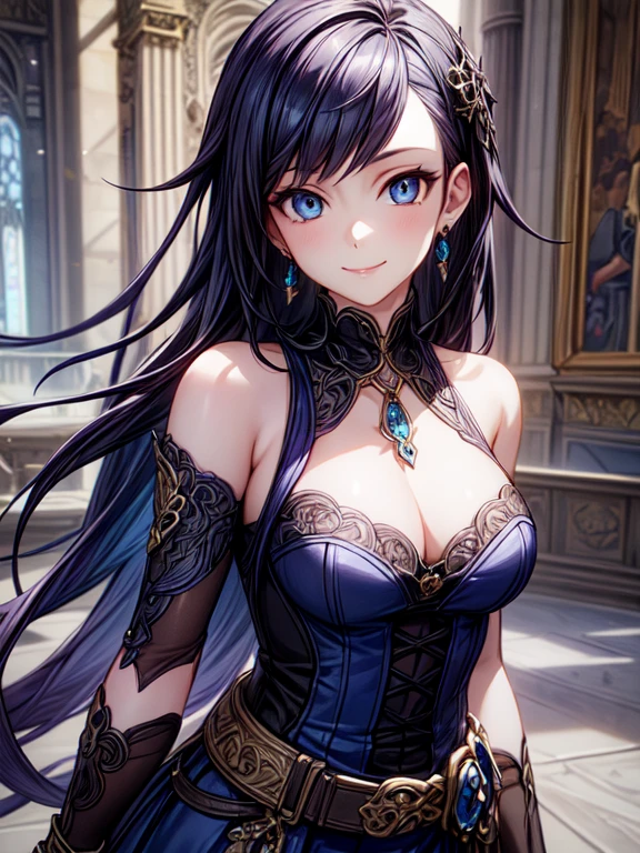 a picture of a very detailed, very realistic art piece of a girl, 1girl, jewelry, solo, gloves, hair ornament, looking at viewer, blue eyes, earrings, collarbone, smile, black gloves, bangs, dress, long hair, gothic, (masterpiece:1.4), (best quality:1.4), (ultra-detailed, best aesthetic, illustration)