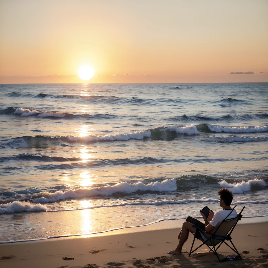 Man silhouette sitting in a chair on the beach watching the sun set, relaxing on the beach at sunset, on the beach during sunset, at beach at sunset, at sunrise, sitting on the beach, sitting at the beach, relaxing at the beach, as the sun sets on the horizon, on the beach at sunset, it's is relaxing on a beach