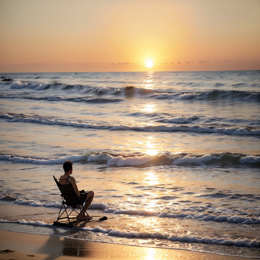 Man silhouette sitting in a chair on the beach watching the sun set, relaxing on the beach at sunset, on the beach during sunset, at beach at sunset, at sunrise, sitting on the beach, sitting at the beach, relaxing at the beach, as the sun sets on the horizon, on the beach at sunset, it's is relaxing on a beach