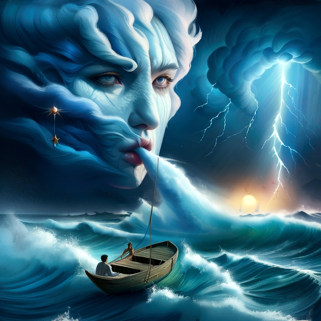 A painting of a man rowing a boat in the ocean with lightning coming from his mouth., The sea and storm behind him, Amazing artwork, Surreal digital art, Amazing, surreal 8K oil painting., sea storm, Surreal art, Surreal artและแฟนตาซี, surreal painting, ocean storm, by László Balogh, Surreal artทางอารมณ์