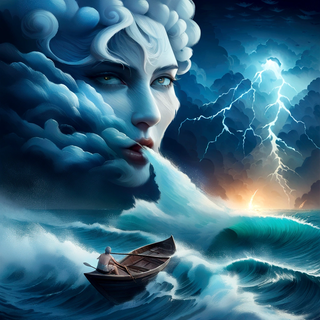 A painting of a man rowing a boat in the ocean with lightning coming from his mouth., The sea and storm behind him, Amazing artwork, Surreal digital art, Amazing, surreal 8K oil painting., sea storm, Surreal art, Surreal artและแฟนตาซี, surreal painting, ocean storm, by László Balogh, Surreal artทางอารมณ์